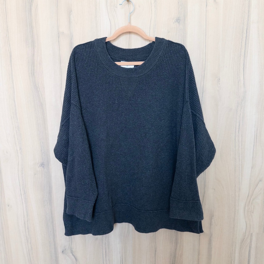 Aerie Oversized Sweater Large Dark Gray Ribbed Knit Crewneck Capsule Cozy Casual